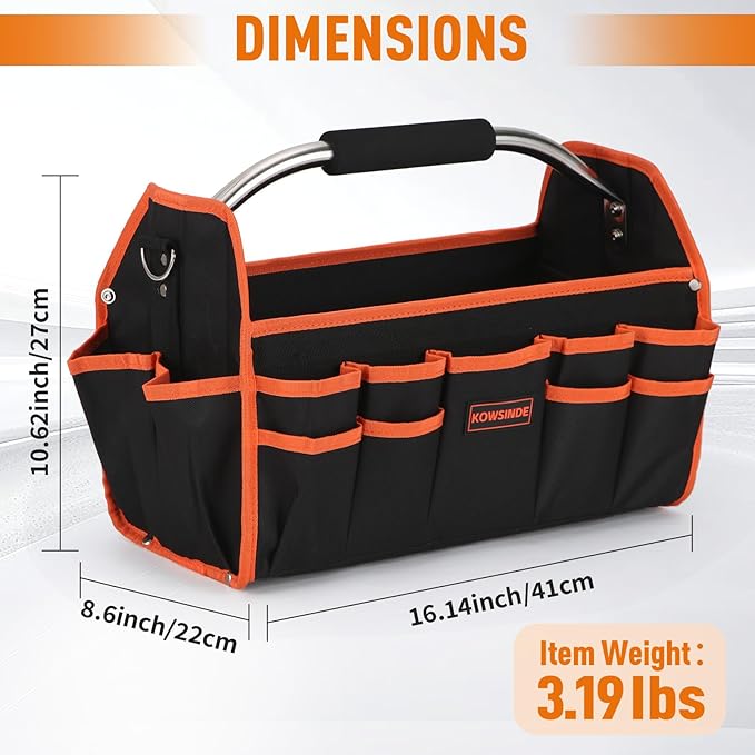 Kowsinde 16 Inch Tool Bag, Electrician Tool Bag, Open Top Tool Bags, 26 Pockets Can Hold Many Tools, Steel Handle and Removable Shoulder Strap