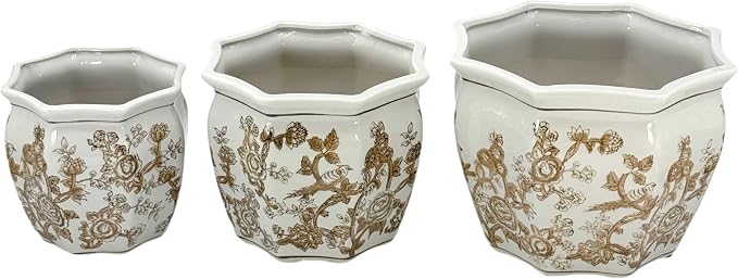 Galt International Brown & White Round Fluted Floral Porcelain Ceramic Plant Flower Planter Pot Set of 3 (7.5", 10", 13") Garden Pots Chinese Asian Design