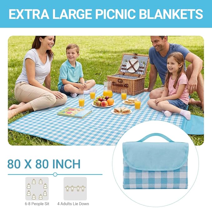 Waterproof Foldable Picnic Blanket Outdoor with Carry Strap,80"x80" Extra Large Beach Blanket Sandproof,Portable Soft Gingham Picnic Mat for Camping Travel Hiking Family Concerts Park(Blue)