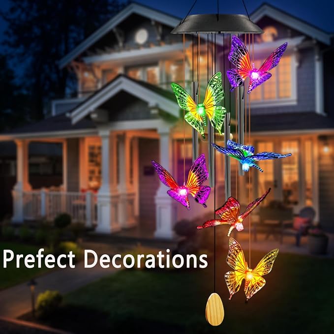 Solar Butterfly Wind Chime | Hanging Solar Decorative Lights Outdoor for Garden Porch Balcony, Birthday Gifts for Women, Moms, and Grandmothers