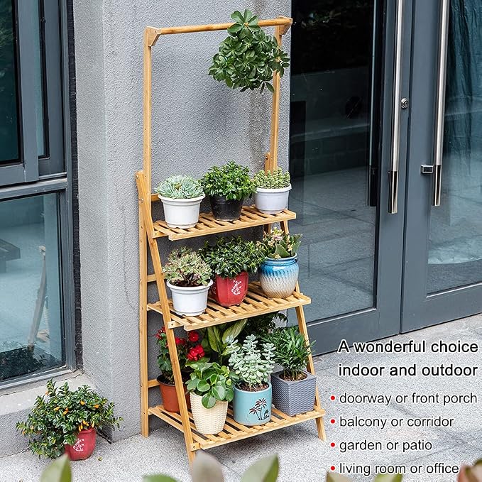COPREE Bamboo 3-Tier Hanging Plant Stand Planter Shelves Flower Pot Organizer Rack Folding Display Shelving Plants Shelf Unit Holder