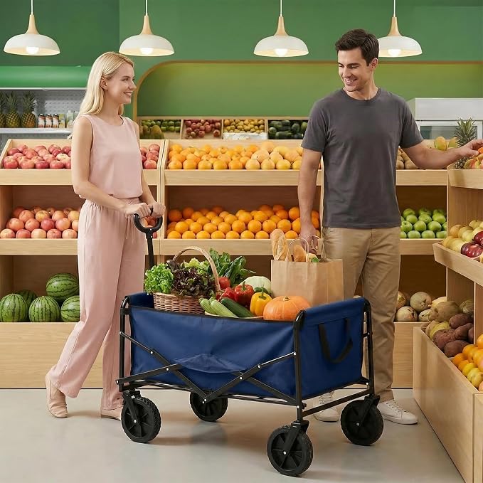 NEWBULIG Collapsible Wagon Cart, 102L Standard, Portable Heavy Duty Pull Cart with Lockable Wheels, 330 lbs Capacity, Adjustable Handle for Beach, Sports, Camping, Shopping & Garden, Blue