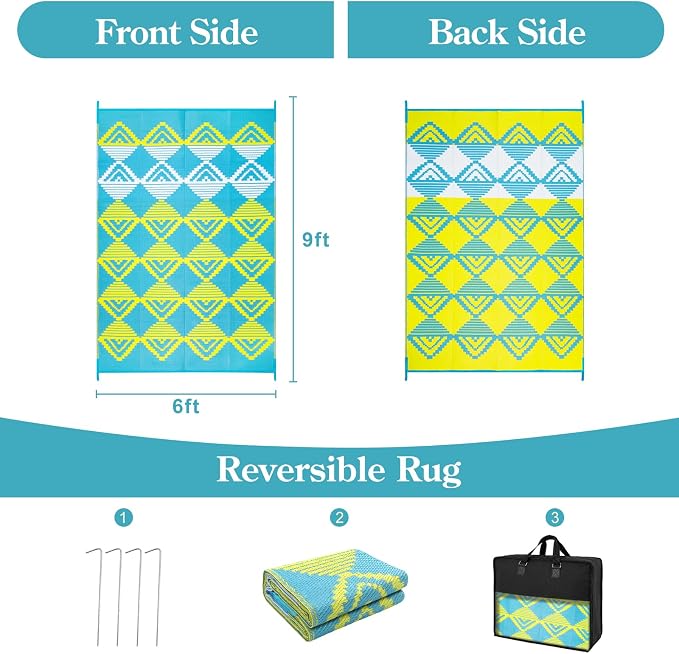 Beeiva Waterproof Outdoor Rug 6x9 for Camping, Balcony & RV, Reversible Plastic Straw Outdoor Mat Blue Yellow