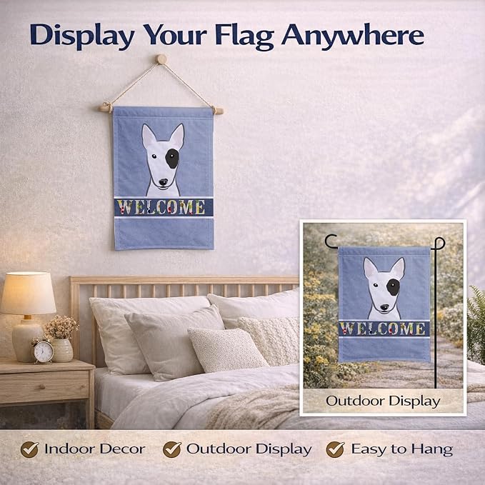 Caroline's Treasures BB1395GF Bull Terrier Welcome Garden Flag, Blue Mailbox Flag Decorative Yard Flag Banner Outside Patio Artwork Yard Flower Beds, Garden Size, Multicolor
