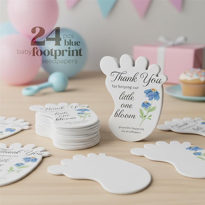 24pcs Blue Footprint-Shaped Gift Tags with Wildflower Seeds - Writable Gift Wrap Tags for Baby Showers, Mother's Day Present, Party Favors, DIY Crafts, & Earth Day Decorations
