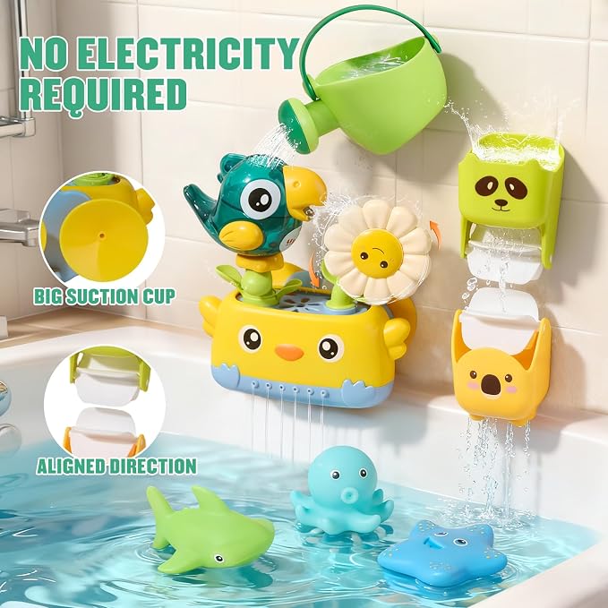 Bath Toys Toddlers 2-4, Mold Free Toddler Bath Toys for Kids Ages 1-3, Baby Bathtub Water Toys with Strong Suction Cups Waterfall Shower Toy with Bath Cups & Watering Can for 18+ Months Boy Girl Gifts