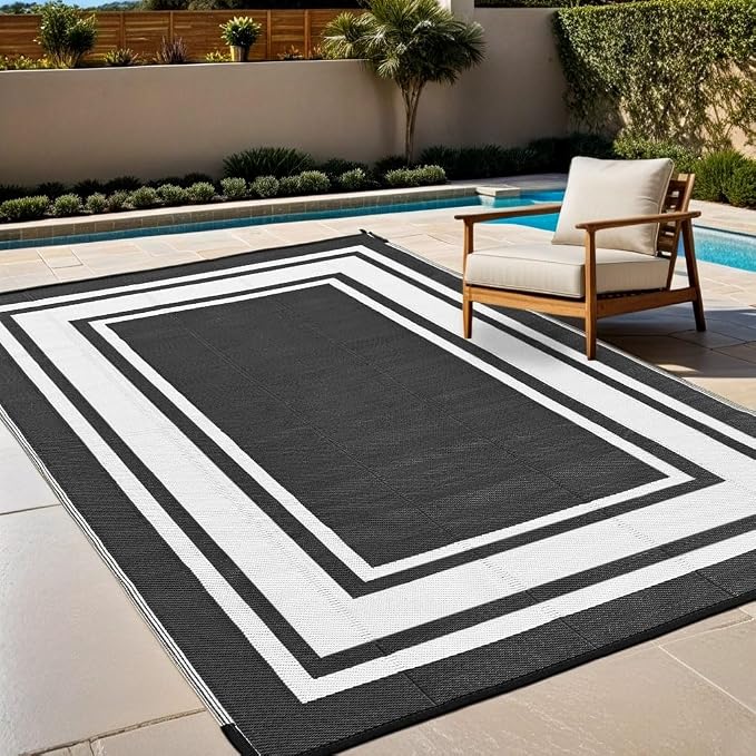RURALITY Outdoor Rug 9x12 Waterproof for Patio Clearance,Large Plastic Straw Mat for Camping,Porch,RV,Reversible,Black and White