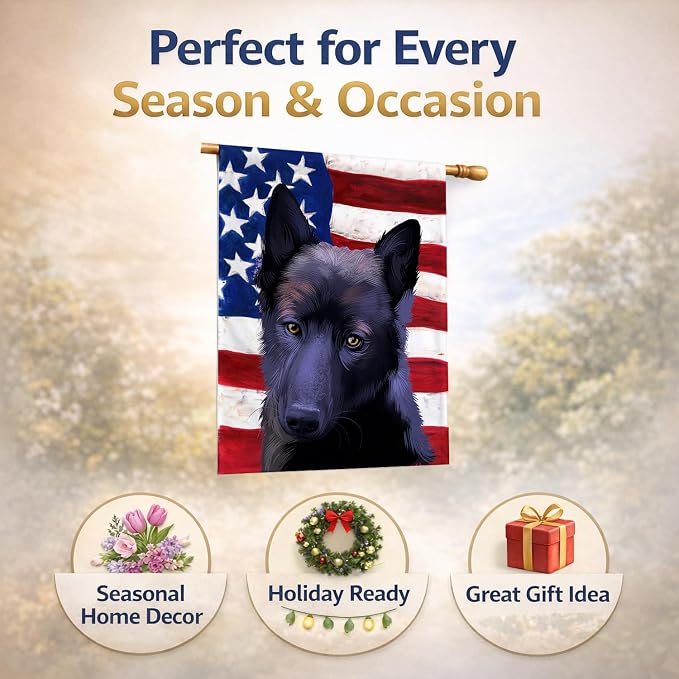 Caroline's Treasures CK6437CHF Black Norwegian Elkhound American Flag House Flag Large Porch Sleeve Pole Decorative Outside Yard Banner Artwork Wall Hanging, Polyester, House Size, Multicolor