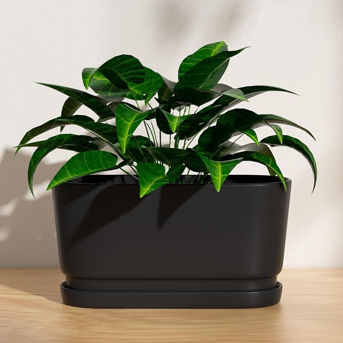13" Rectangular Ceramic Planter with Drainage and Saucer, Black | Indoor Outdoor Use, 13"L x 5.5"W x 6.3"H, Modern Home Decor, Window Box Planter, Matte Black