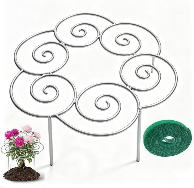 Spiral Metal Plant Support Ring, Heavy Duty Peony Cage, Rustproof Garden Support for Flowers, with 196in Velcro Plant Ties 1pc