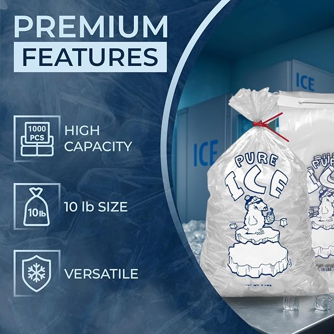 Ice Bags 10 lb, 1000 Count – Wicketed with Twist Ties – Heavy Duty Bulk Ice Bags for Ice Machines & Commercial Use – Fits Ice Bagger Machines – Wicked Metal – By Interplas