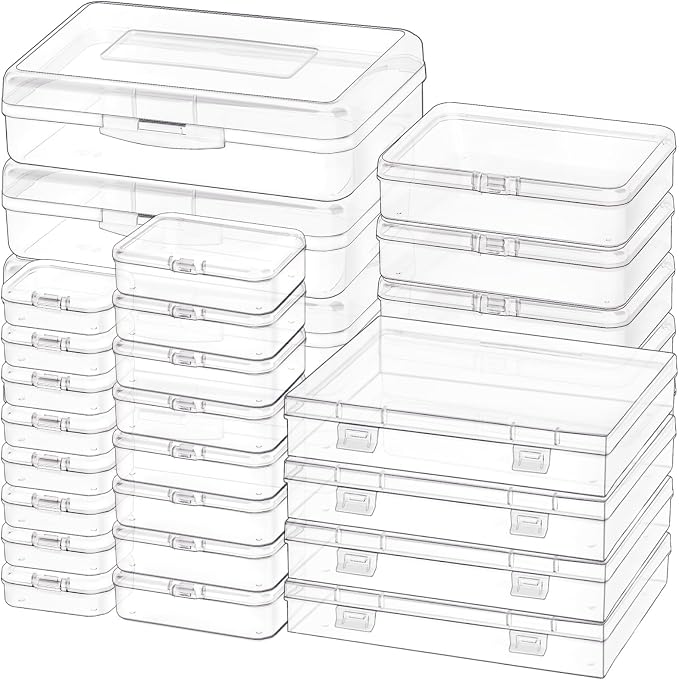 28 Pack Mixed Sizes Rectangular Mini Plastic Containers Clear Plastic Storage Boxes with Hinged Lids and Labels Empty Beads Organizers for Small Items Art Craft Jewelry Projects