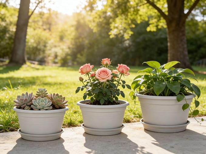 MRPAPA Round Plastic Pots for Plants, Outdoor Planters with Drainage Hole & Tray Saucer, Decoration Large Flower Pots for Indoor Outdoor Garden Home Plants (4, Gray White, 13 Inch)