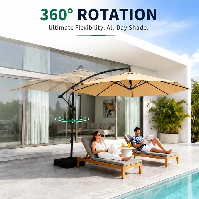 10FT Patio Umbrella with Base, Outdoor Umbrella Pool Umbrella Cantilever Umbrells - UV Protection, Easy Tilt & 360° Rotation for Poolside, Backyard & Garden