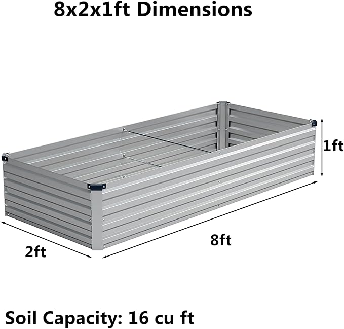 zunatu 8x2x1 ft(2 Pack) Galvanized Raised Garden Bed,Outdoor Planter Box Metal Patio Kit Planting Bed for Vegetables Flowers and Succulents,Silver