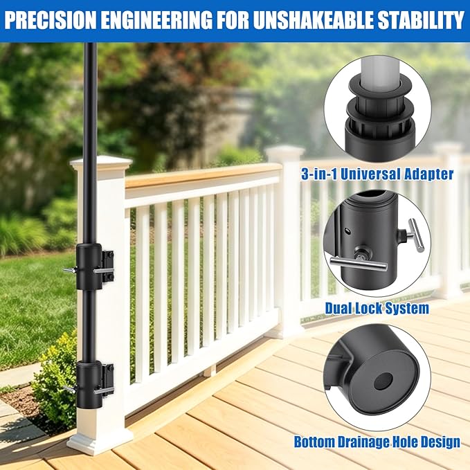 KingDolly Heavy Duty Deck Umbrella Holder with Secure &Space-Saving, Umbrella Holder for Deck Mounted on a Flat Surface or at Right Angles, Umbrella Brackets for Deck Railing, Fits 1"-1.9" Poles