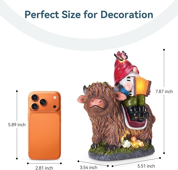 Highland Cow Gnome Statue, Highland Cow Gnomes Garden with LED Lights and Book, Solar Garden Statues for Yard, Patio, Balcony, Lawn Ornaments Figurines Gifts for Women, Mom