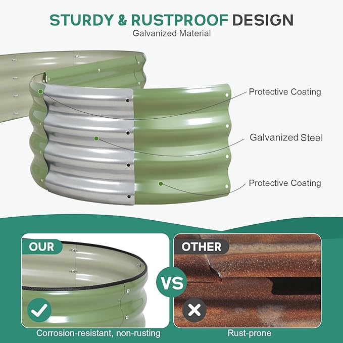 Galvanized Raised Garden Bed - 6×2×1ft Planter Raised Beds for Gardening | Oval Metal Garden Planter Box with Safety Edging and Gloves for Vegetables Fruits and Flower OliveGreen