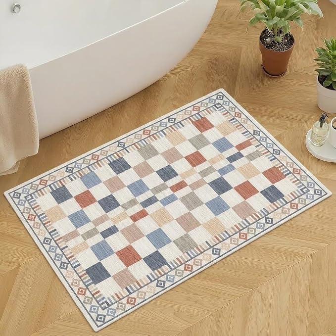 GarveeHome 2x3 Small Rug for Bathroom Machine Washable Modern Checkered | Contemporary Colorful Abstract Carpets for Kitchen Low Pile Non-Slip Doormat Soft Premium Area Rug for Hallway Bedroom