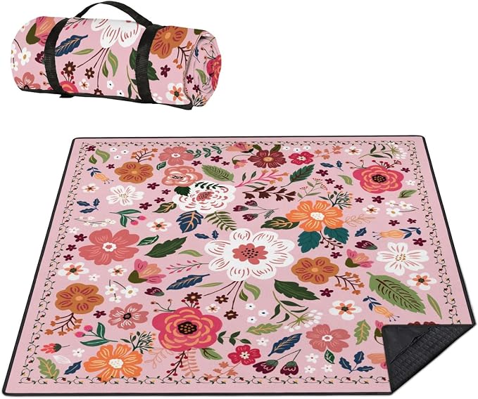 Picnic Blankets Waterproof Foldable Extra Large,80"x 80" Outdoor Beach Blanket Sandproof,3-Layer Lightweight Handy Mat Tote Picnic Camping Rugs for Outside Your Rv (Boho Vintage Floral Pink)