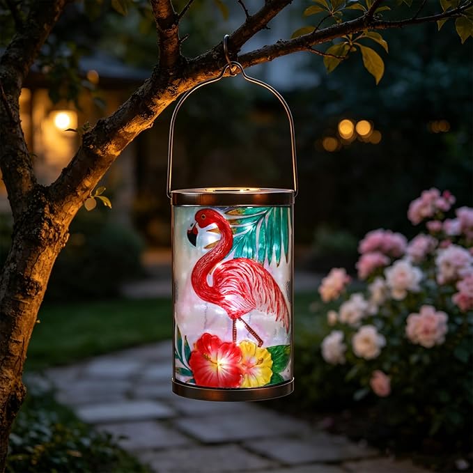 Hanging Solar Lantern Outdoor Waterproof Flamingo Solar Lights Glass Tabletop Decorative Lamp for Outdoor Patio Garden Outside Yard Decor