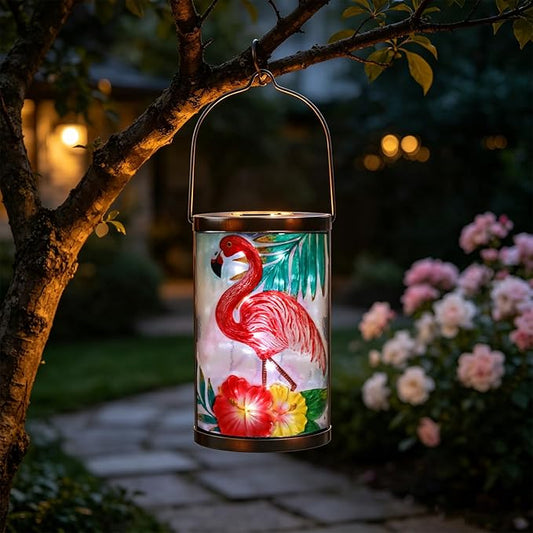 Hanging Solar Lantern Outdoor Waterproof Flamingo Solar Lights Glass Tabletop Decorative Lamp for Outdoor Patio Garden Outside Yard Decor
