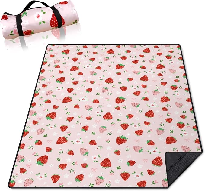 Strawberry Bow Picnic Blankets Waterproof Foldable, 60’‘x80'' Portable Outdoor Picnic Mat Water Resistant for Grass, Padded Lawn & Park Blanket for Camping,Hiking