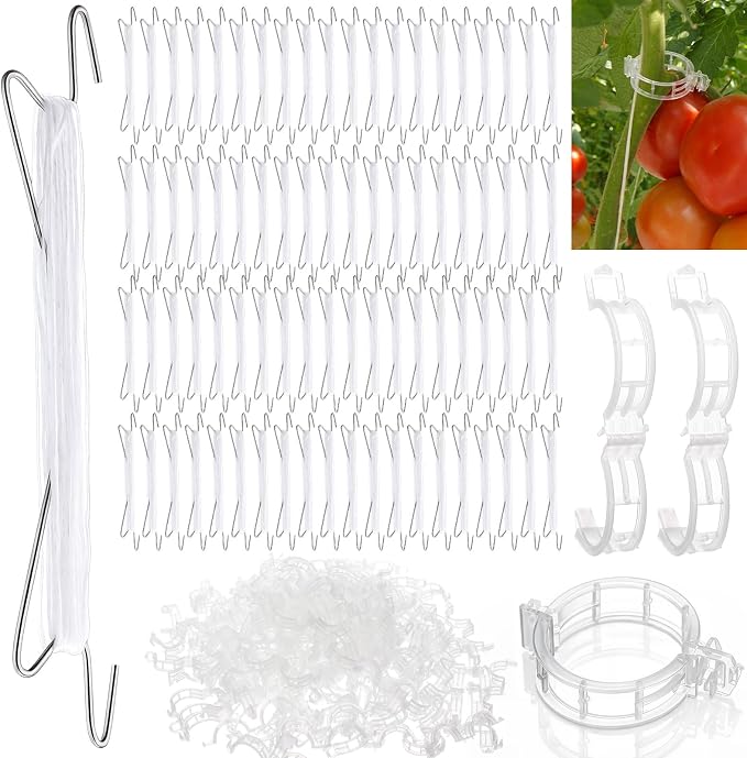 Hushee 100 Pack Tomato Hooks with 200 Garden Clips & 32.8ft String, Tomato Hooks for Climbing Plants, Heavy Duty Plant Support Kit for Greenhouse, Vegetable Plant Fruit Flower