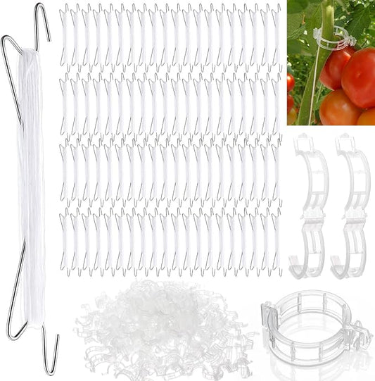 Hushee 100 Pack Tomato Hooks with 200 Garden Clips & 32.8ft String, Tomato Hooks for Climbing Plants, Heavy Duty Plant Support Kit for Greenhouse, Vegetable Plant Fruit Flower