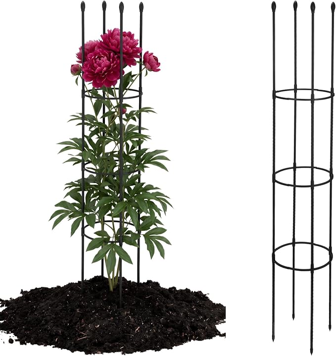 2PCS Peony Cages, 10.6" Dx60 H Peony Cages and Supports, 3 Tier Stackable Plant Support Ring, Metal Core with Plastic Coated Stakes for Peonies Tomatoes Roses Climbing Plants