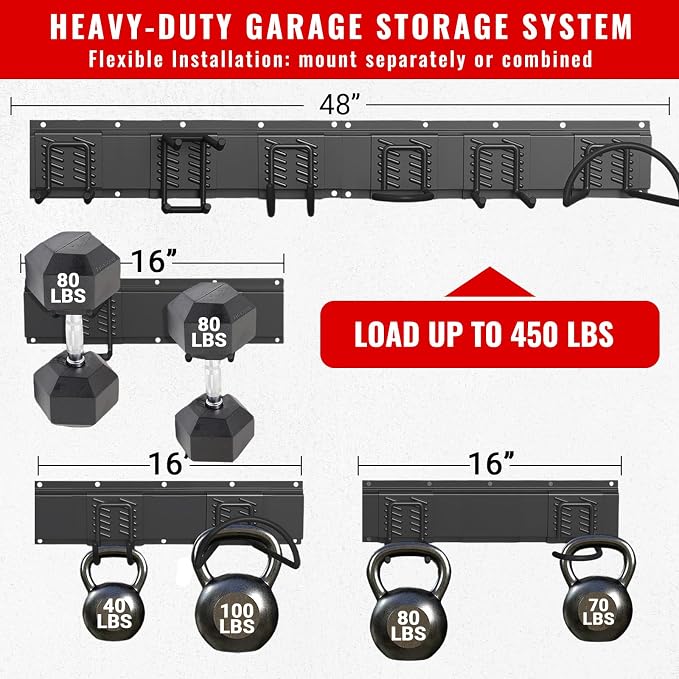 Garage Tool Organizer Wall Mount, Easy to 48inch Install Heavy-Duty Garage Storage System with 6 Adjustable Universal Hooks, Garden Tool Rack for Shovels, Rakes, Yard Tools