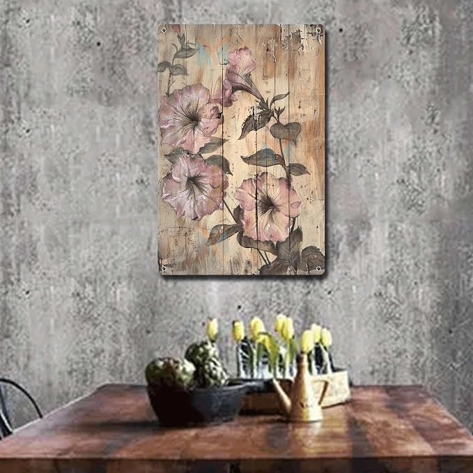 Metal Sign Tin Sign Vintage Wall Art Antique Artist's Vision Petunias Tin Sign for Rustic Wall Decor Distressed Wood Surfaces and Weat Bar Sign for Pub 8×12 Inches