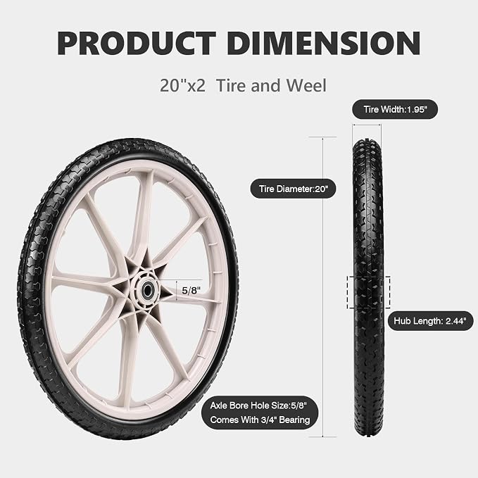 20"" Flat Free Tire and Wheel with 3/4"" & 5/8"" Bearing, Replacement Wheels for Rubbermaid Wheelbarrow,Lawn Carts, Big Wheel Utility Carts and Garden Yard Cart, 2 Pcs Grey