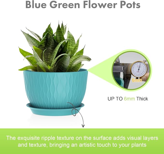 Meowell Large Plant Pots 12/10/9 inch, 3 Pack Big Flower Pots for Outdoor Indoor Plants with Water Ripples, Wide Plastic Planters with Drainage Holes and Saucers for Garden Home Decor, Blue Green