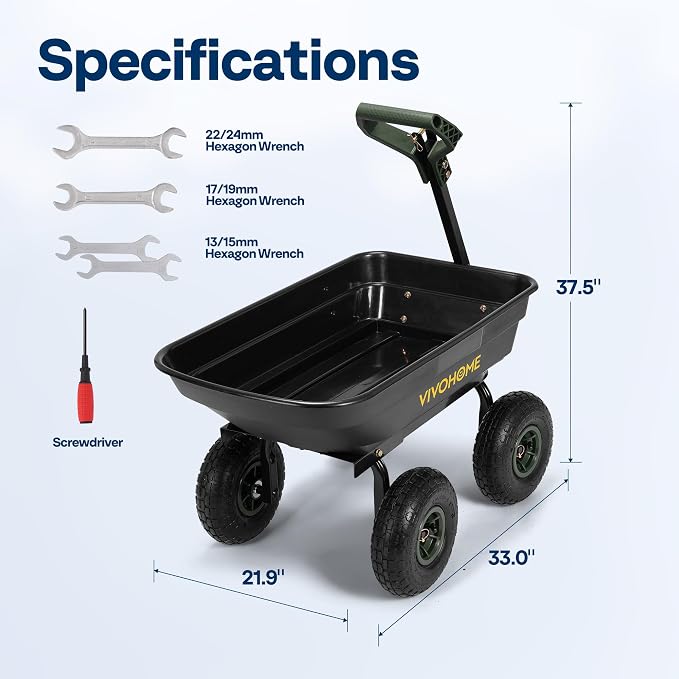 VIVOHOME 660lbs Wheelbarrow Dump Garden Cart with 2-in-1 Convertible Handle | Attach to ATV or Tractor, 10" All Terrain Wheels, Heavy Duty Utility Trailer for Yard