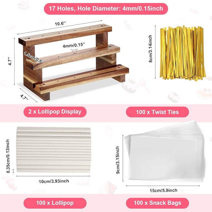 Tuanse 2 Pack Wooden Cake Pop Stand 3 Tier Cake Pop & Lollipop Display Holder with 100 Treat Bags Lollipop Sticks and Gold Twist Ties for Dessert Table Wedding Baby Shower Birthday Party(Acacia Wood)