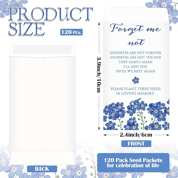 Fumete 120 Pack Forget Me Not Seed Mini Envelopes Resealable Seed Organizer Storage Bag Funeral Celebration of Life Packets for Memorial Day Veterans Day Funerals Loss of Loved One, 3.9 x 2.4 Inch