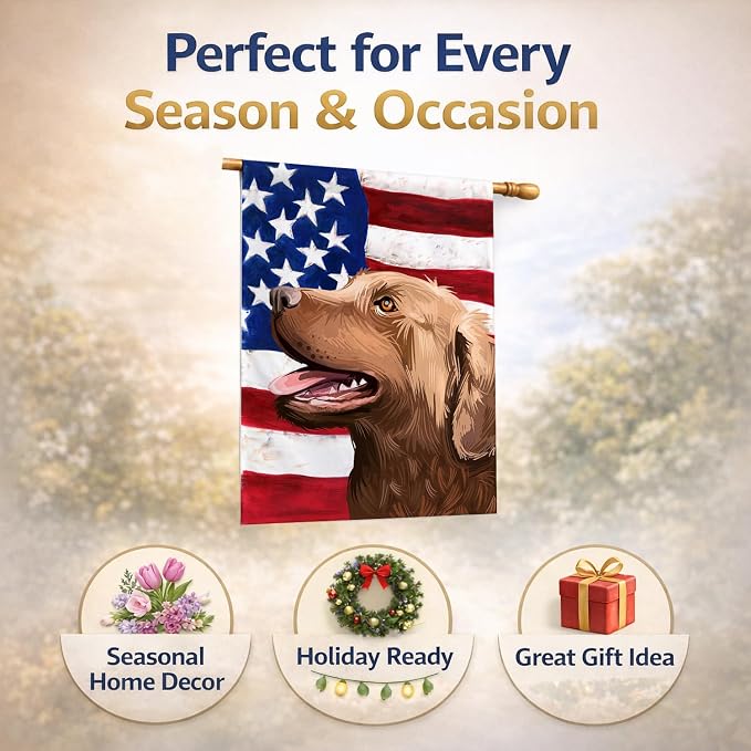 Caroline's Treasures CK6486CHF Chesapeake Bay Retriever American Flag House Flag Large Porch Sleeve Pole Decorative Outside Yard Banner Artwork Wall Hanging, Polyester, House Size, Multicolor