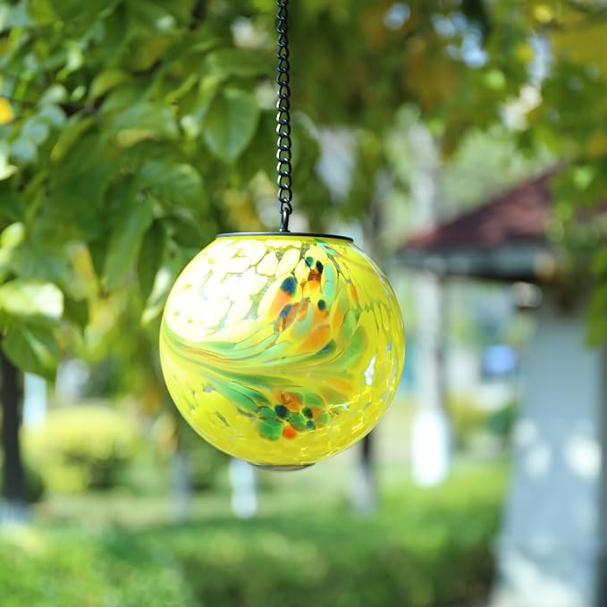 VCUTEKA Glass Solar Lanterns Outdoor Yellow Hanging Solar Light for Outside | Solar Lanterns Outdoor Waterproof with Hook, Energy-Efficient LED White Glass Gazing Ball Lights for Garden, Yard Decor