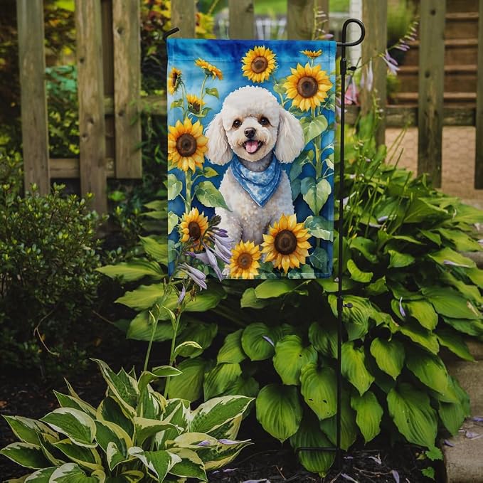 Caroline's Treasures DAC6141GF White Poodle in Sunflowers Garden Flag Mailbox Flag Decorative Yard Flag Banner Outside Patio Artwork Yard Flower Beds, Garden Size, Multicolor