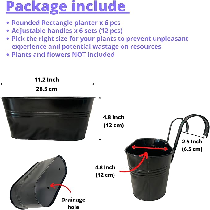 LaLaGreen Outdoor Plants Rail Planter Plants (6 Pack, 11.2 Inch) Black Metal Iron Hanging Flower Pots Deck Railings Fence Buckets Modern Style Wall Mount Window Box Plant Holder with Hooks Porch Decor