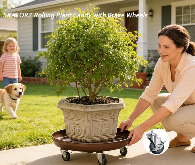 Rolling Planter Caddy(470lbs Capacity), Heavy Duty Metal Plant Stand with Brake Wheels Plant Dolly Mover Plant Pot Tray Saucer for Indoor Outdoor 18inches Copper