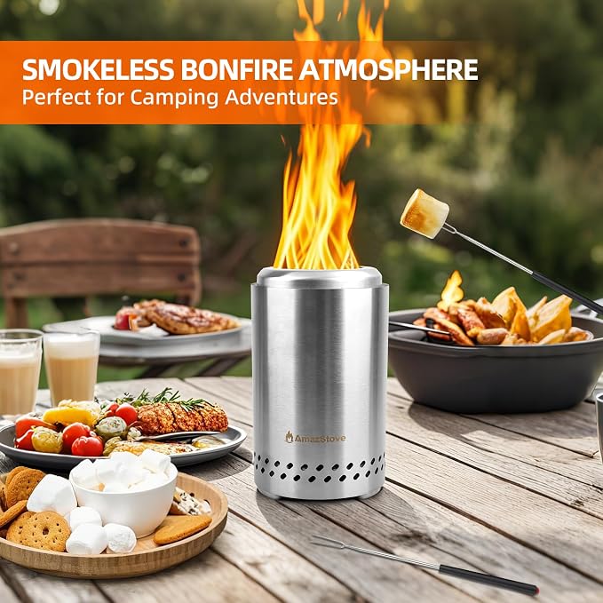 Spinning Flame Tabletop Fire Pit by AmazStove, Low Smoke Stove Outdoor Safe Burning Firepits, Fueled Pellets or Wood, Travel Bag&mat&Forks Included, 10 x 6 Silver