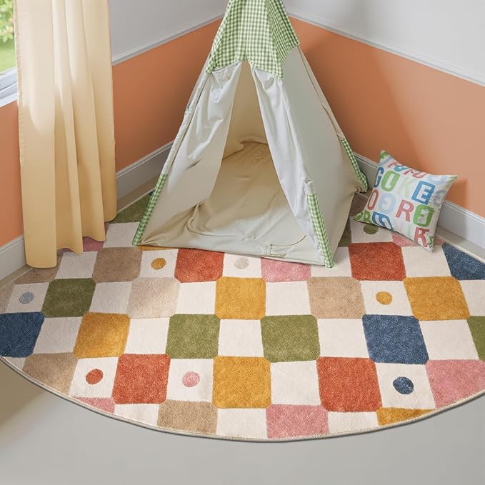 jinchan Corner Rug Washable Kids Rug Colorful Classroom Reading Nook Mat | 5ft Radius, Soft, Non-Slip, Kid-Friendly, Checkered Diamond, Quarter Circle, Calming Corner, Nursery, Playroom, Daycare