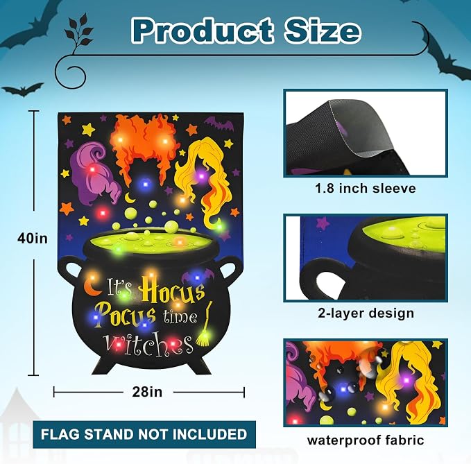 Halloween Lighted Garden Flag, Solar It's Hocus Pocus Witch Yard Flag for Outside, 8 Modes Double Sided Outdoor Halloween Decorations for Home Porch