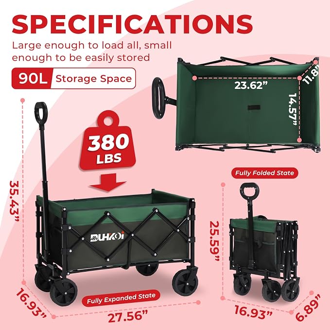 Collapsible Wagon Cart with Wheels Foldable,11 Lbs Lightweight Portable Folding Utility Wagon,90 L Heavy Duty Grocery Shopping Carts,Versatile for Garden Sports Camping Outdoor Use (Army Green)