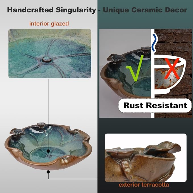 Ceramic Birdbath Solar Fountain, 12.5-Inch Heavy Duty Ceramic Bird Bath Bowl for Outdoor Water Fountain, Wildlife Drinking Station & Ground Feeder, Garden Patio Décor