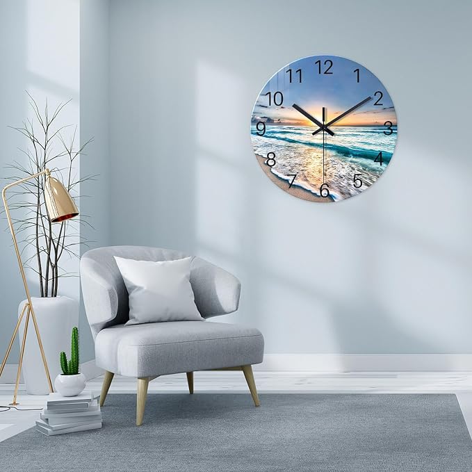 Extra Large Glass Battery Wall Clock 24 Inch | Blue Beach Clocks for Living Room Bedroom Office Decor Round Quite Wall Clock Non Ticking