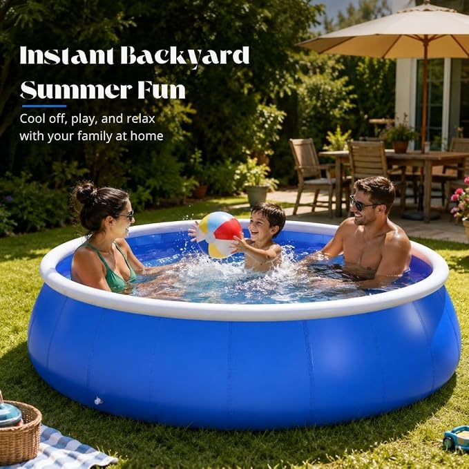 Large Inflatable Pool, 8 ft x 25 in (244 x 63 cm), Blue and White Round 3-Ply Laminated Mesh PVC Backyard Swimming Pool for 3-4 People, Foldable Kiddie Pool for Family Summer Fun