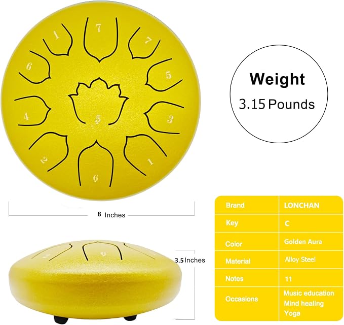 Rain Drum for Outside Garden, 8-Inch Steel Tongue Drum with 11 Notes, Percussion Instrument, Includes Packing Bag, Music Book, and Mallets, Ideal for Meditation, Yoga, and Relaxation